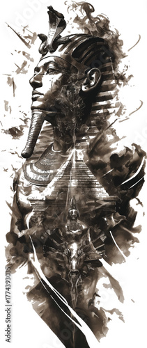 Ancient Majesty: A regal pharaoh's visage, intertwined with the iconic pyramids, whispers tales of an ancient civilization. The artistry encapsulates the essence of a bygone era.