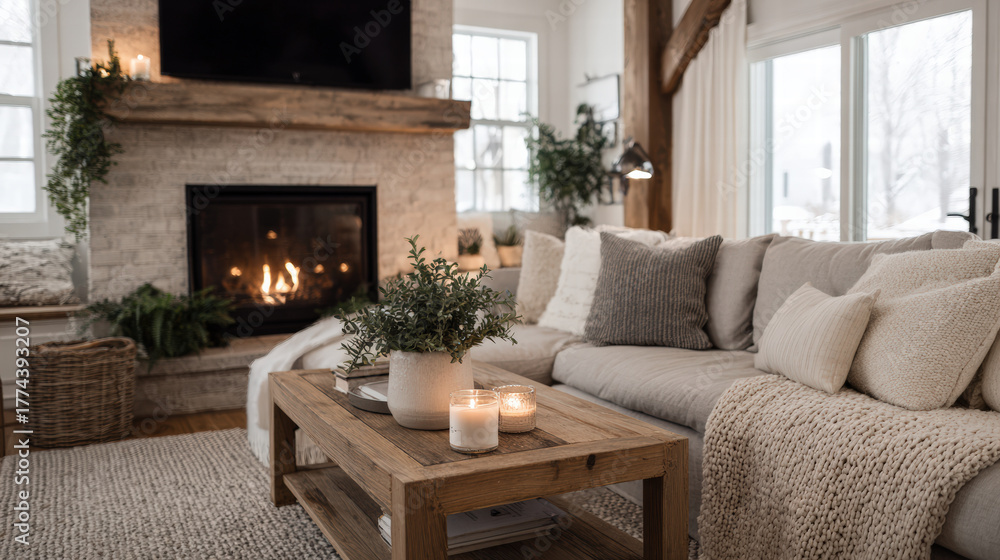 Fototapeta premium Cozy winter living room with fireplace, soft sofa, candles, and natural decor creates warm atmosphere