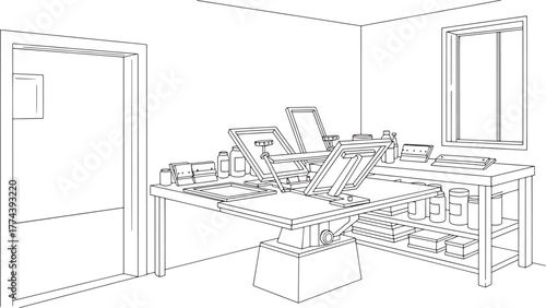 Screen Printing Workshop Studio Outline Illustration with Press and Supplies