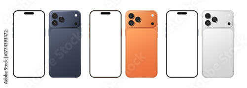 Mobile phone blank display mockup, colorful devices set for advertising and social media. Latest modern smartphone front and back side template vector illustration