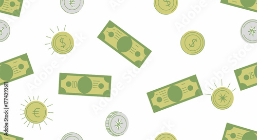Seamless Pattern of Money - Dollar Bills and Coins Illustration.