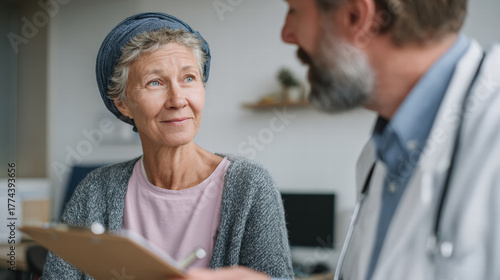 Oncologist discussing chemotherapy treatment with patient, conveying empathy and support during medical consultation