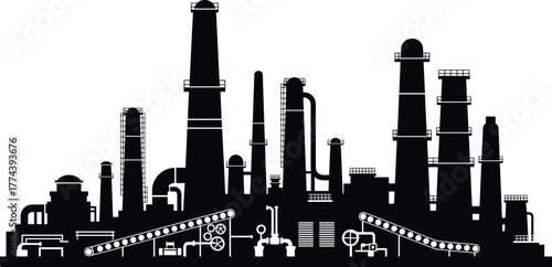 Industrial complex silhouette with distillation towers, tanks, conveyors, and piping—ideal for manufacturing, energy, engineering, and infrastructure vector themes.