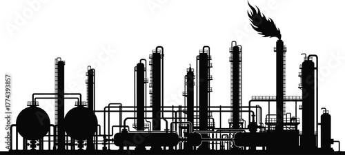 Industrial refinery silhouette with flare stack, distillation towers, spherical tanks, piping systems—ideal for energy, chemical, and infrastructure vectors.