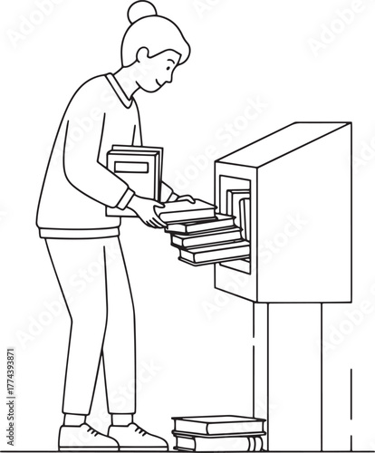 Woman Returning Books to Library Book Drop - Line Art Illustration