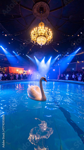 A Majestic Swan Drifting in a Luxurious Indoor Pool under a Grand Chandelier