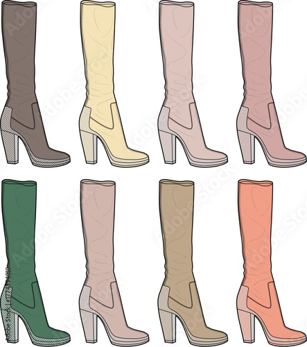 Fashion footwear collection Eight stylish heeled boots in various color palettes, elegant and trendy