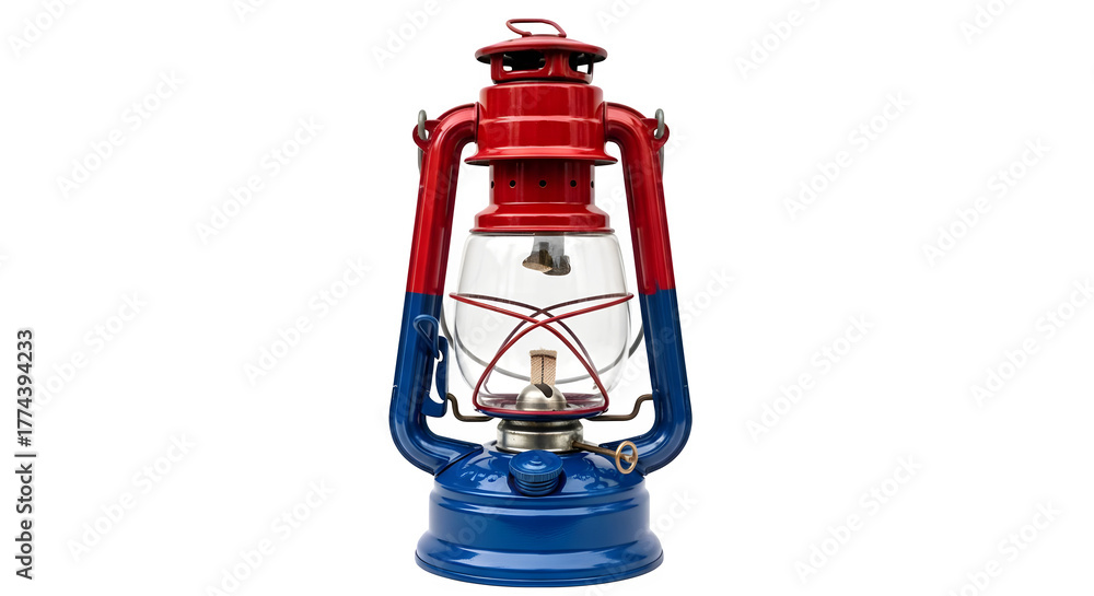 Fototapeta premium Red and blue lantern on black shows reflective surface, product staging, video background.