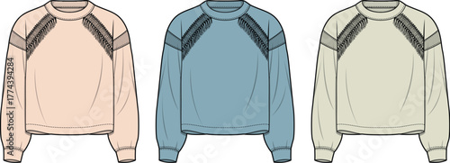 Vector illustration of stylish women's crew neck sweatshirts in various colors with raglan sleeves and ribbed details, perfect for fashion design templates and apparel mockups