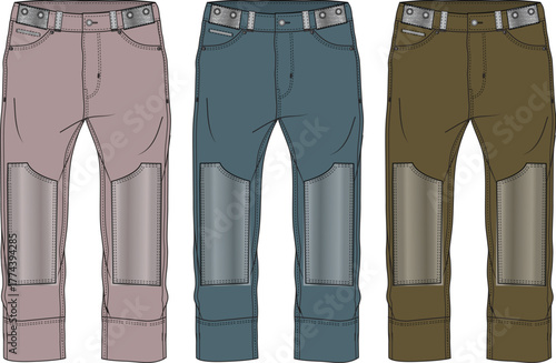 Collection of durable work pants with reinforced knees, illustrated in diverse colors for demanding professional and outdoor activities, highlighting functional design