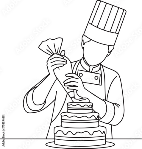 Line Art Illustration of Chef Decorating Tiered Cake with Icing Bag