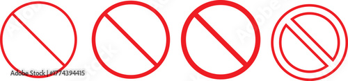 No icon set. Stop sign symbol. Set of red prohibition sign vector icons for signs, Disallowed or no symbol for public. Red warning icon. No entry sign or stop . Red circle sign stop entry ang slash 