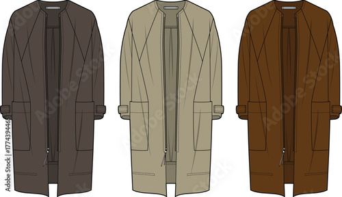 Technical fashion flat illustrations of an open-front long coat or cardigan in warm brown and beige tones, perfect for apparel design, pattern making, and garment development