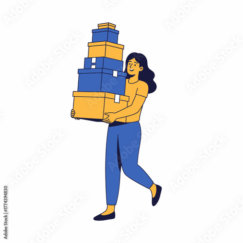 Happy woman carrying a large stack of boxes after successful shopping trip.