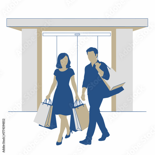 Couple Shopping Together Leaving Store with Bags.
