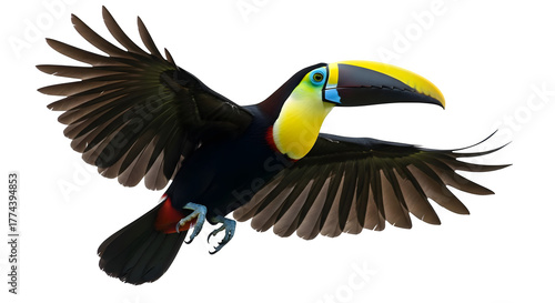 Colorful Toucan flies, shows feathers detail. Use for wildlife photography, presentations, educational materials, social media posts.
