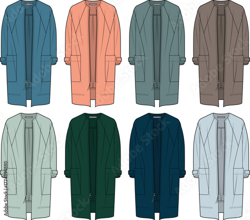 Collection of women's longline duster coats in a colorful palette. Fashion technical flat sketch set for apparel design and clothing mockups
