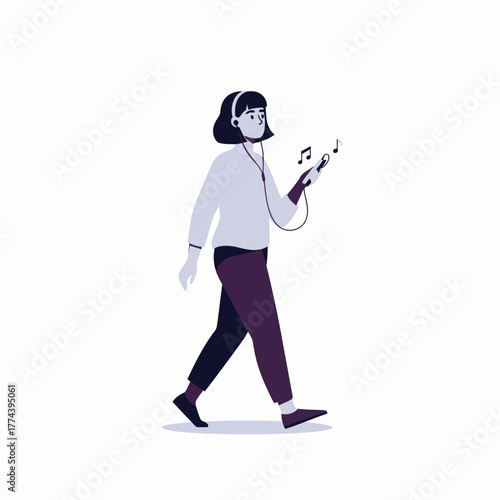 Young woman walking and listening to music with headphones and smartphone.