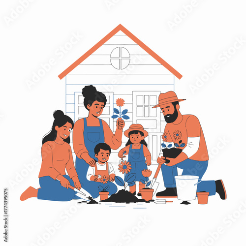 Family Gardening Together in Front of House Illustration.