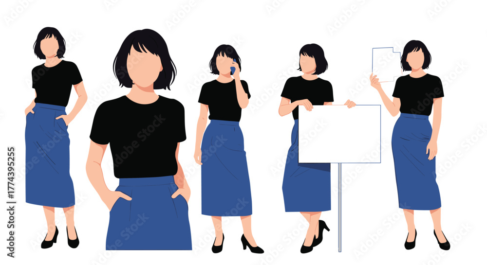 Fototapeta premium Five diverse women in business attire, showcasing different poses and holding presentation boards.