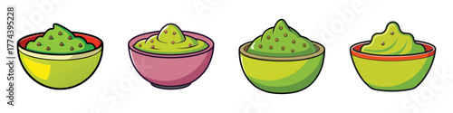 Four bowls of green puree, possibly guacamole or avocado dip, presented on a clean, each with a slightly different texture and bowl design