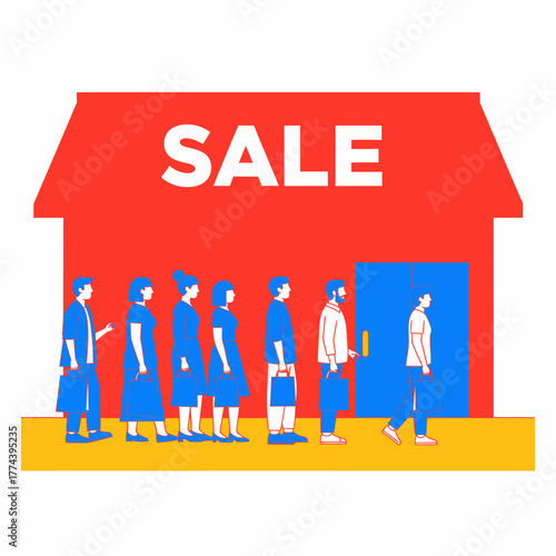 People queuing outside a store for a sale event.