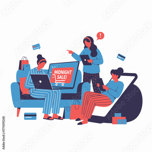 Three women in pajamas shopping online during a midnight sale event.