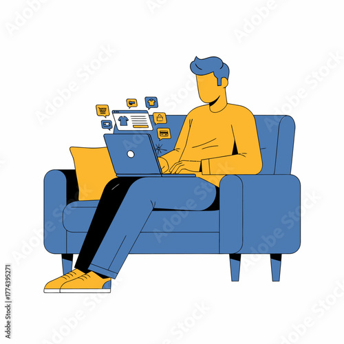 Man working on laptop while sitting on a blue couch at home.