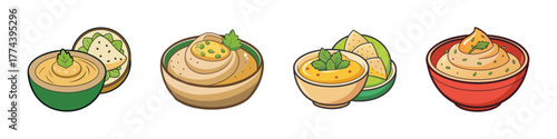 Collection of four different dips and spreads, including hummus and guacamole, served in bowls with fresh ingredients