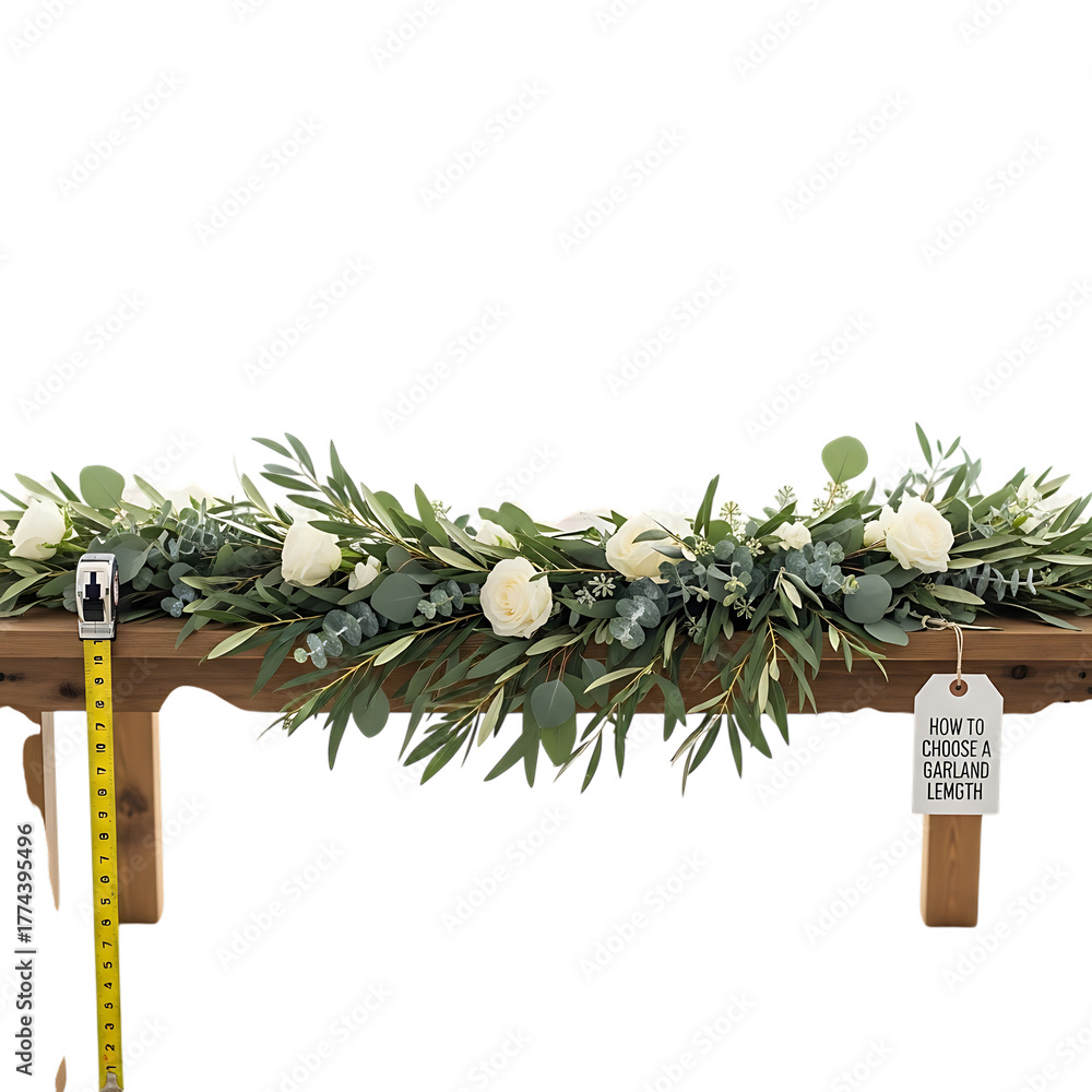 custom made wallpaper toronto digitalElegant floral garland isolated on transparent background, featuring white roses and eucalyptus leaves on wooden table