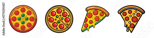 Collection of four cartoon pizzas and pizza slices