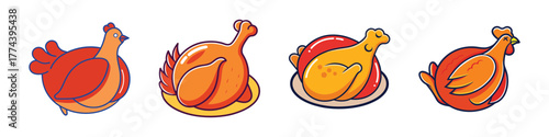 Collection of four cartoon illustrations of chickens and roasted chickens, isolated on a