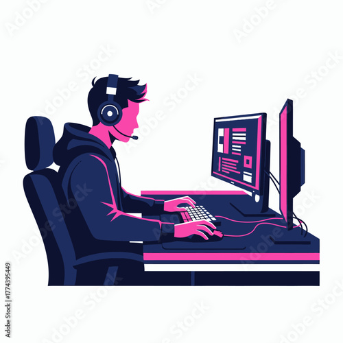 Gamer immersed in gaming session with headset and keyboard at desk.