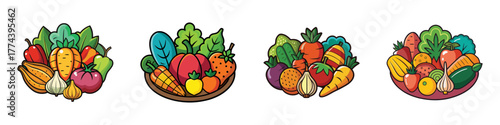 Four baskets filled with a colorful assortment of fresh vegetables and fruits, isolated on a