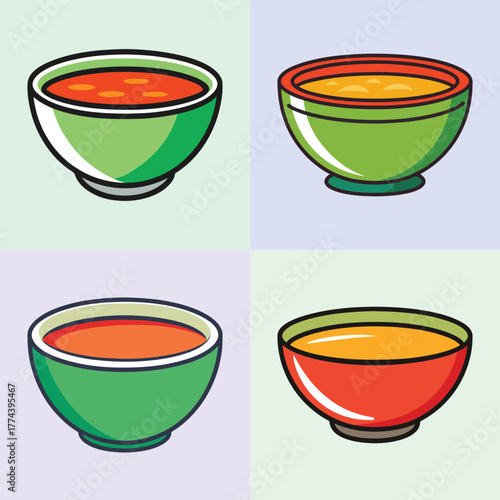 Four colorful bowls of soup, two red and two yellow, arranged in a grid on a pastel background, representing a variety of delicious and comforting meals