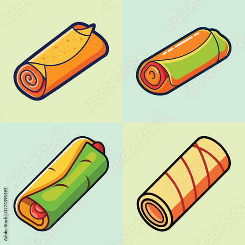 Four different types of wraps and burritos arranged in a grid pattern on a light blue and green background, showcasing various fillings and tortilla styles