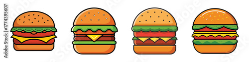 Four different cartoon style hamburgers with lettuce, tomato, and cheese