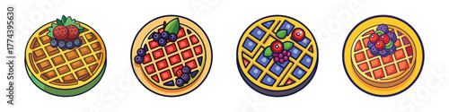 Four different cartoon waffles with berries and fruit, each on a, showcasing variety in toppings and presentation