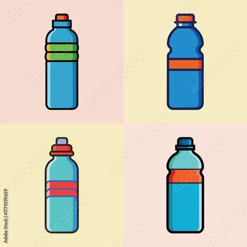 Four blue plastic bottles with different colored caps and labels, arranged in a 2x2 grid on a pastel background, representing various beverage containers and hydration options