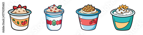 Four cartoon style yogurt cups with different toppings and labels