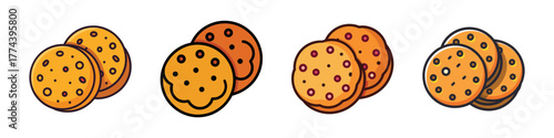 A collection of four pairs of cartoon cookies, each pair featuring two round, goldenbrown cookies with dark brown chocolate chips, isolated on a