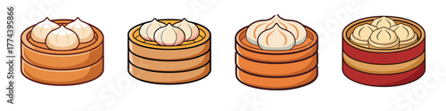 Four different types of steamed dumplings in bamboo steamers