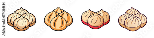 Four stylized illustrations of steamed dumplings, also known as baozi or buns, presented in a row on a