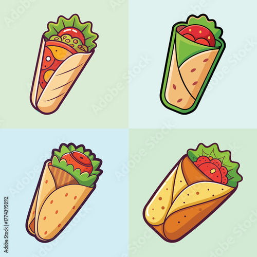Four different cartoon style shawarma wraps arranged in a grid on a light blue and green background, showcasing various fillings and toppings