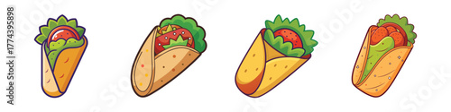 Four cartoon tacos with lettuce and tomato filling