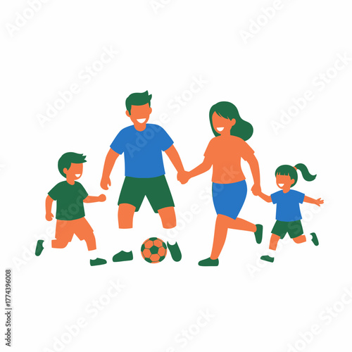 Happy family playing soccer together outdoors.