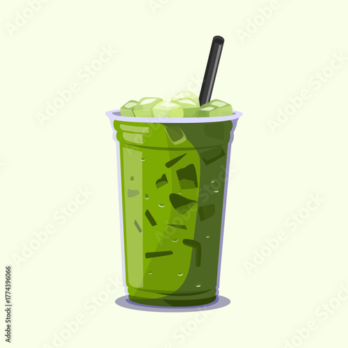 Refreshing iced matcha green tea drink with ice cubes served in a clear plastic cup.