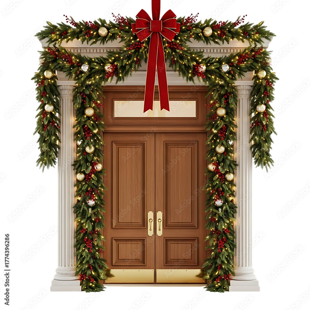 Fototapeta premium Elegant christmas door decoration with garland, lights, and red bow isolated on transparent background for festive cheer