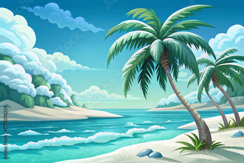 Palm trees, turquoise sea, and white beach fully covered in snow under cloudy sky