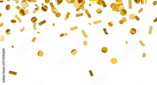 Gold confetti cascade on black creates festive sparkle. Ideal for holiday promotions, events, or elegant celebration background.